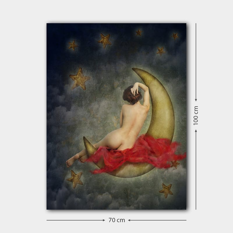Lerretsbilde 70x100 cm - Naken kvinne sittende på en halvmåne omgitt av stjerner og skyer - Gull / Rød / Beige - Interiør - Maleri & posters - Lerretsbilder