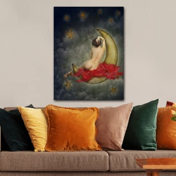 Lerretsbilde 70x100 cm - Naken kvinne sittende på en halvmåne omgitt av stjerner og skyer - Gull / Rød / Beige - Interiør - Maleri & posters - Lerretsbilder
