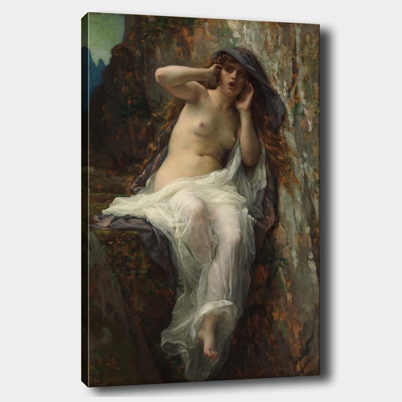 Lerretsbilde 70x100 cm - Naken kvinne sittende på en stein med en dramatisk og uttrykksfull positur - Beige / Hvit / Mørk grå - Interiør - Maleri & posters - Lerretsbilder