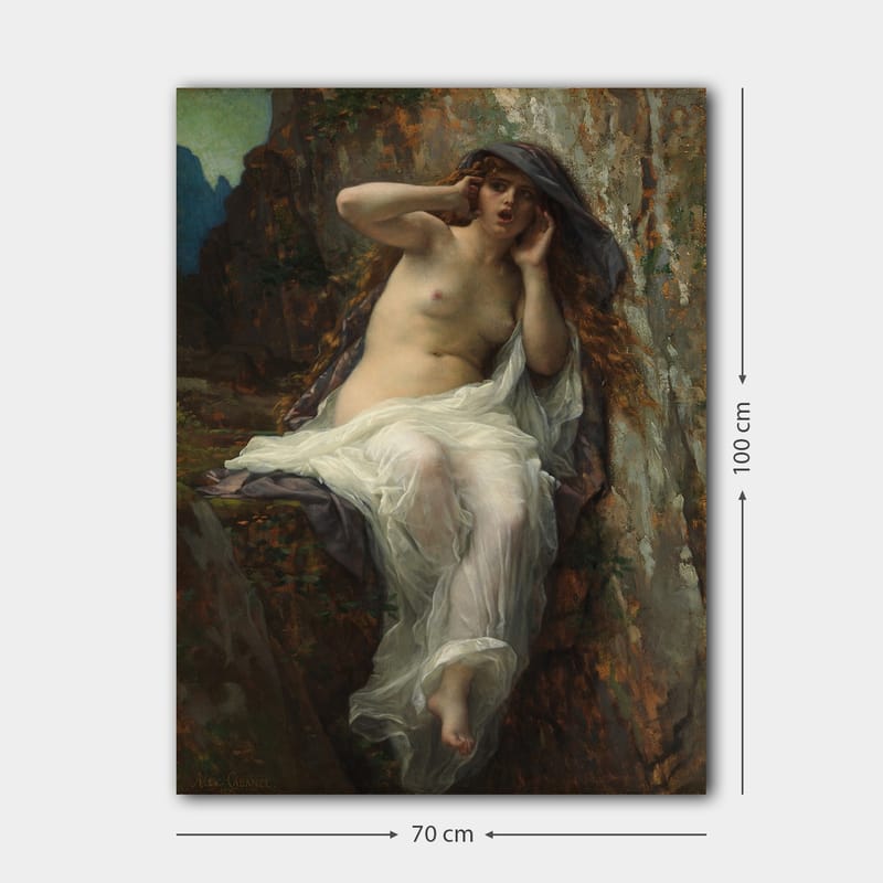 Lerretsbilde 70x100 cm - Naken kvinne sittende på en stein med en dramatisk og uttrykksfull positur - Beige / Hvit / Mørk grå - Interiør - Maleri & posters - Lerretsbilder