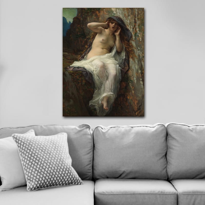 Lerretsbilde 70x100 cm - Naken kvinne sittende på en stein med en dramatisk og uttrykksfull positur, Beige / Hvit / Mørk grå