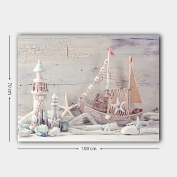 Lerretsbilde 70x100 cm - Nautisk komposisjon med båt, sjøstjerner og lanterner i maritim stil - Blå / Hvit / Beige - Interiør - Maleri & posters - Lerretsbilder