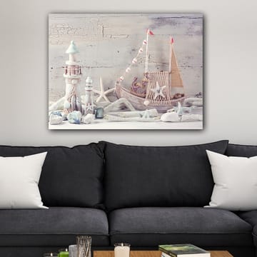 Lerretsbilde 70x100 cm - Nautisk komposisjon med båt, sjøstjerner og lanterner i maritim stil - Blå / Hvit / Beige - Interiør - Maleri & posters - Lerretsbilder