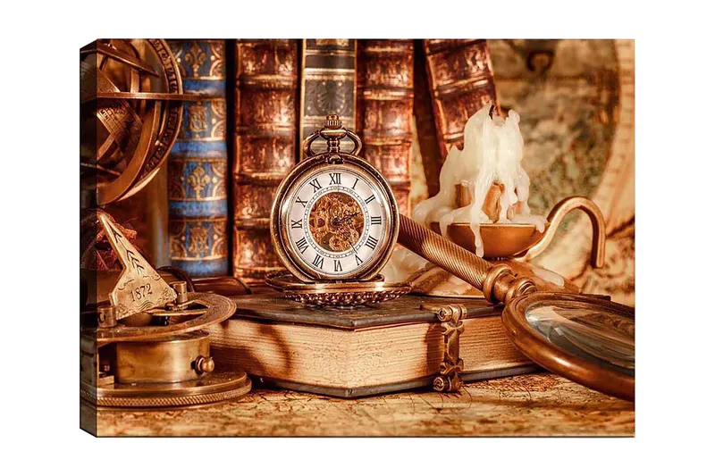 Lerretsbilde 70x100 cm - Nostalgisk samling av antikke gjenstander, inkludert lommeur, bøker og lysestake, Gull / Brun / Beige