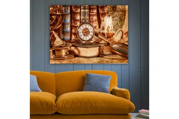 Lerretsbilde 70x100 cm - Nostalgisk samling av antikke gjenstander, inkludert lommeur, bøker og lysestake - Gull / Brun / Beige - Interiør - Maleri & posters - Lerretsbilder