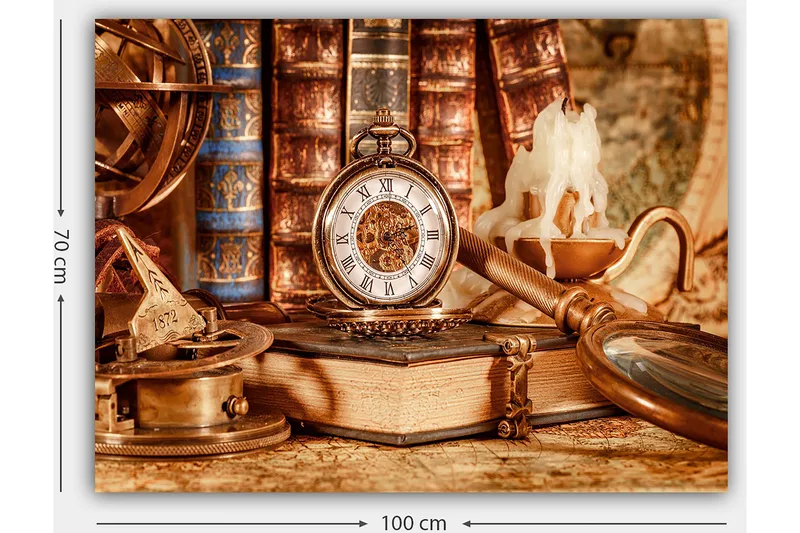Lerretsbilde 70x100 cm - Nostalgisk samling av antikke gjenstander, inkludert lommeur, bøker og lysestake - Gull / Brun / Beige - Interiør - Maleri & posters - Lerretsbilder