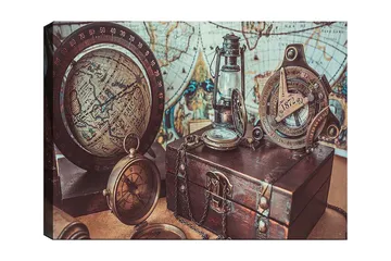 Lerretsbilde 70x100 cm - Nostalgisk samling av navigasjonsverktøy og en globus som fremhever eventyr og utforskning - Brun / Gull / Blå - Interiør - Maleri & posters - Lerretsbilder