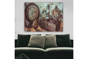 Lerretsbilde 70x100 cm - Nostalgisk samling av navigasjonsverktøy og en globus som fremhever eventyr og utforskning - Brun / Gull / Blå - Interiør - Maleri & posters - Lerretsbilder