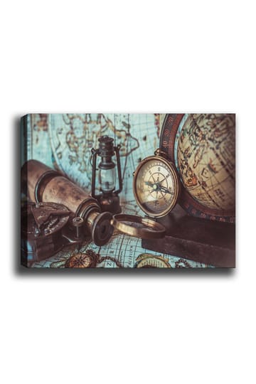 Lerretsbilde 70x100 cm - Nostalgisk samling av navigasjonsverktøy og et gammelt kart - Brun / Gull / Grønn - Interiør - Maleri & posters - Lerretsbilder
