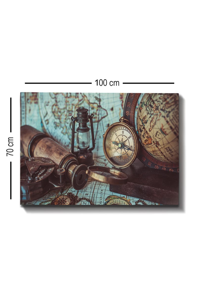 Lerretsbilde 70x100 cm - Nostalgisk samling av navigasjonsverktøy og et gammelt kart - Brun / Gull / Grønn - Interiør - Maleri & posters - Lerretsbilder