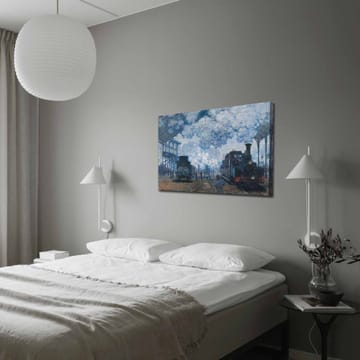 Lerretsbilde 70x100 cm - Nostalgisk skildring av en togstasjon med damplokomotiver og mennesker i bevegelse - Blå / Grå / Brun - Interiør - Maleri & posters - Lerretsbilder