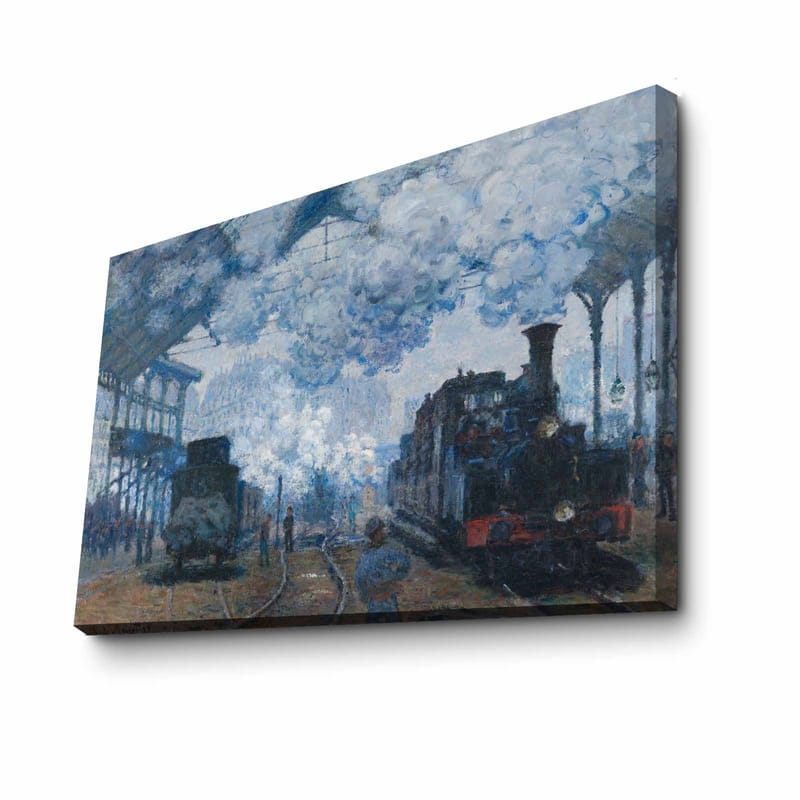 Lerretsbilde 70x100 cm - Nostalgisk skildring av en togstasjon med damplokomotiver og mennesker i bevegelse - Blå / Grå / Brun - Interiør - Maleri & posters - Lerretsbilder