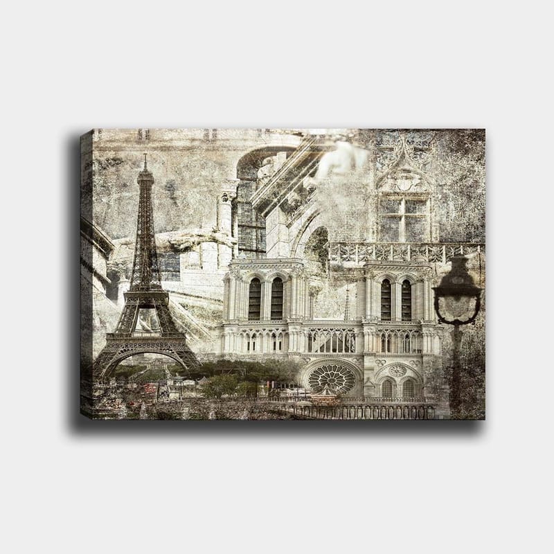 Lerretsbilde 70x100 cm - Nostalgisk utsikt over Paris med Eiffeltårnet og Notre-Dame i fokus - Grå / Beige / Svart - Interiør - Maleri & posters - Lerretsbilder
