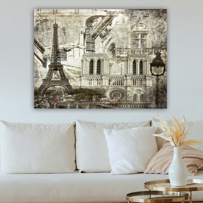 Lerretsbilde 70x100 cm - Nostalgisk utsikt over Paris med Eiffeltårnet og Notre-Dame i fokus - Grå / Beige / Svart - Interiør - Maleri & posters - Lerretsbilder