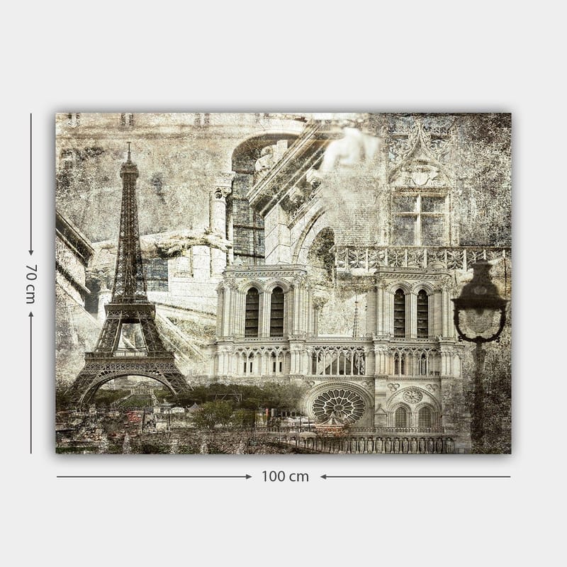 Lerretsbilde 70x100 cm - Nostalgisk utsikt over Paris med Eiffeltårnet og Notre-Dame i fokus - Grå / Beige / Svart - Interiør - Maleri & posters - Lerretsbilder