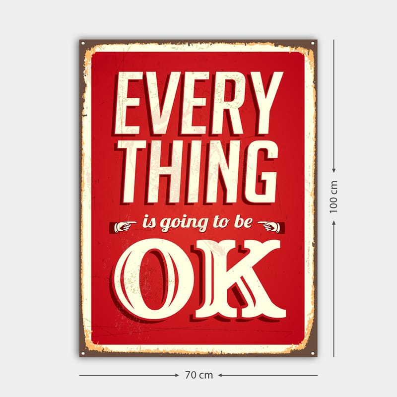 Lerretsbilde 70x100 cm - Oppløftende skilt med teksten EVERYTHING is going to be OK i retrostil - Rød / Hvit - Interiør - Maleri & posters - Lerretsbilder