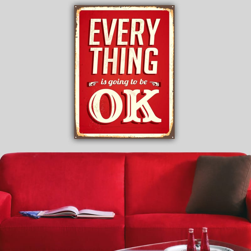 Lerretsbilde 70x100 cm - Oppløftende skilt med teksten EVERYTHING is going to be OK i retrostil - Rød / Hvit - Interiør - Maleri & posters - Lerretsbilder