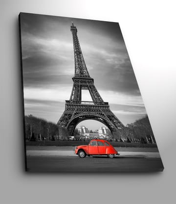 Lerretsbilde 70x100 cm - Rød bil foran Eiffeltårnet i svart-hvitt - Rød / Svart / Grå - Interiør - Maleri & posters - Lerretsbilder