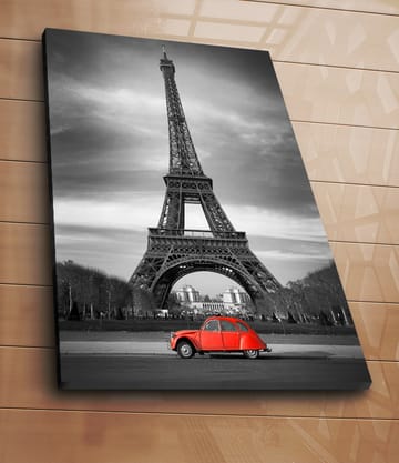 Lerretsbilde 70x100 cm - Rød bil foran Eiffeltårnet i svart-hvitt - Rød / Svart / Grå - Interiør - Maleri & posters - Lerretsbilder