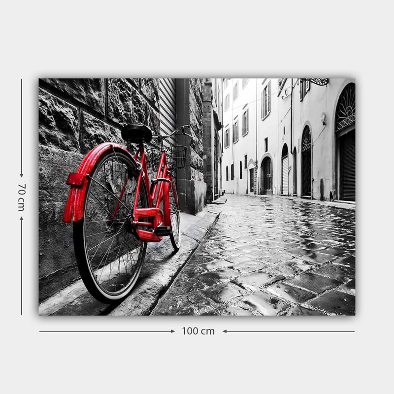 Lerretsbilde 70x100 cm - Rød sykkel lent mot en vegg i et svart-hvitt bymiljø - Rød / Svart / Grå - Interiør - Maleri & posters - Lerretsbilder