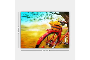 Lerretsbilde 70x100 cm - Rød sykkel med en kurv fylt med gule blomster - Rød / Gul / Grønn - Interiør - Maleri & posters - Lerretsbilder