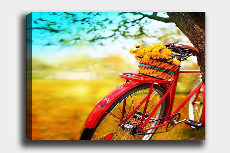 Lerretsbilde 70x100 cm - Rød sykkel med en kurv fylt med gule blomster, Rød / Gul / Grønn