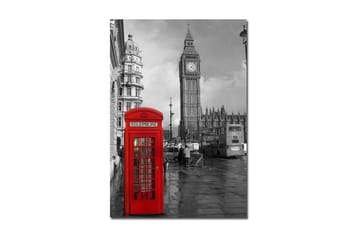 Lerretsbilde 70x100 cm - Rød telefonkiosk foran den ikoniske Big Ben i et svart-hvitt bymiljø - Rød / Svart - Interiør - Maleri & posters - Lerretsbilder