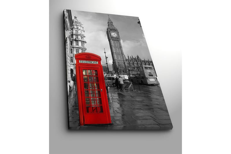 Lerretsbilde 70x100 cm - Rød telefonkiosk foran den ikoniske Big Ben i et svart-hvitt bymiljø - Rød / Svart - Interiør - Maleri & posters - Lerretsbilder