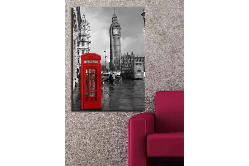 Lerretsbilde 70x100 cm - Rød telefonkiosk foran den ikoniske Big Ben i et svart-hvitt bymiljø - Rød / Svart - Interiør - Maleri & posters - Lerretsbilder