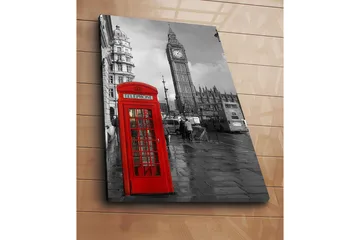 Lerretsbilde 70x100 cm - Rød telefonkiosk foran den ikoniske Big Ben i et svart-hvitt bymiljø - Rød / Svart - Interiør - Maleri & posters - Lerretsbilder