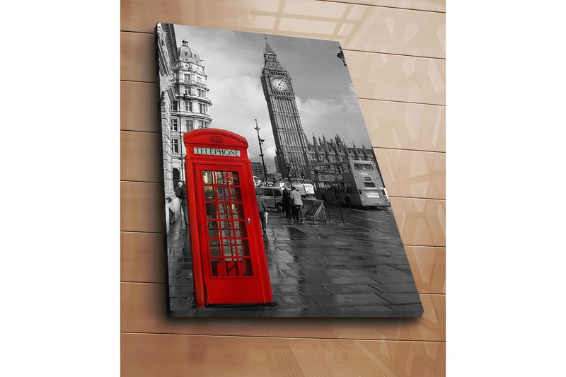Lerretsbilde 70x100 cm - Rød telefonkiosk foran den ikoniske Big Ben i et svart-hvitt bymiljø - Rød / Svart - Interiør - Maleri & posters - Lerretsbilder
