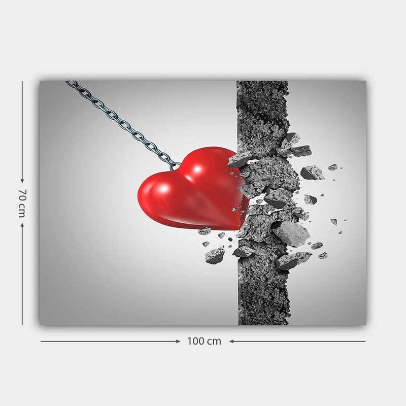 Lerretsbilde 70x100 cm - Rødt hjerte som bryter gjennom en betongvegg - Rød / Grå - Interiør - Maleri & posters - Lerretsbilder