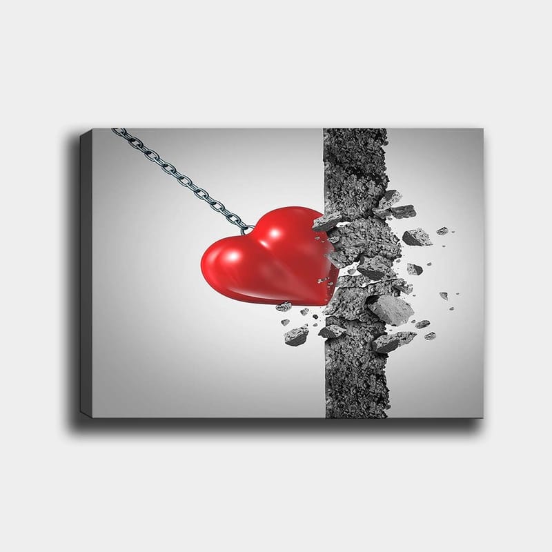Lerretsbilde 70x100 cm - Rødt hjerte som bryter gjennom en betongvegg, Rød / Grå
