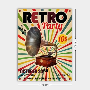 Lerretsbilde 70x100 cm - Retro plakat med en grammofon som hovedmotiv - Gul / Rød / Grønn - Interiør - Maleri & posters - Lerretsbilder