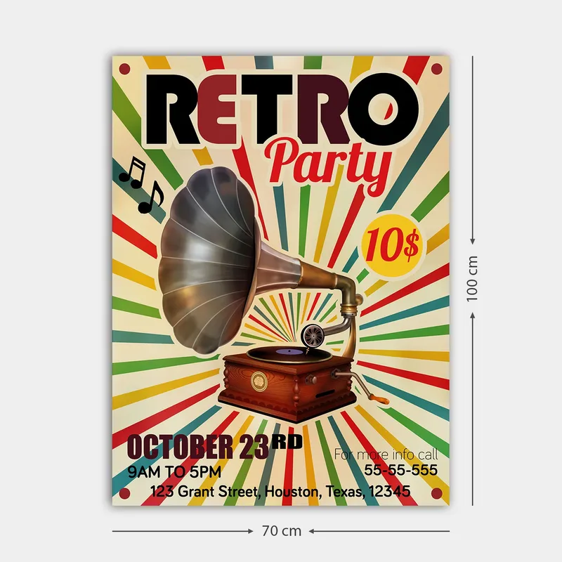 Lerretsbilde 70x100 cm - Retro plakat med en grammofon som hovedmotiv - Gul / Rød / Grønn - Interiør - Maleri & posters - Lerretsbilder