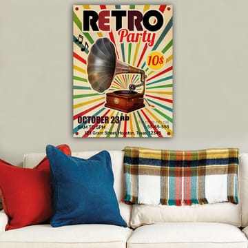 Lerretsbilde 70x100 cm - Retro plakat med en grammofon som hovedmotiv - Gul / Rød / Grønn - Interiør - Maleri & posters - Lerretsbilder