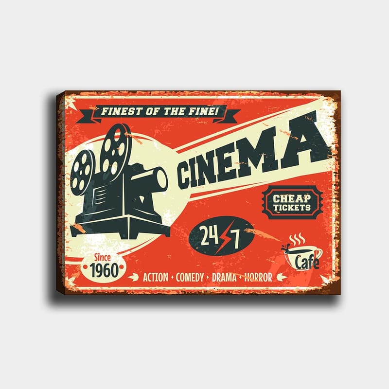 Lerretsbilde 70x100 cm - Retro plakat med et filmkamera som symboliserer kinoverdenen, Rød / Svart / Beige