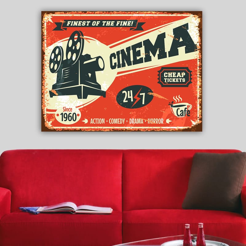 Lerretsbilde 70x100 cm - Retro plakat med et filmkamera som symboliserer kinoverdenen - Rød / Svart / Beige - Interiør - Maleri & posters - Lerretsbilder
