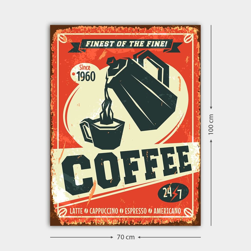 Lerretsbilde 70x100 cm - Retro plakat med en kaffekanne som heller kaffe i en kopp - Rød / Svart / Beige - Interiør - Maleri & posters - Lerretsbilder
