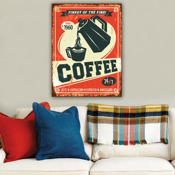Lerretsbilde 70x100 cm - Retro plakat med en kaffekanne som heller kaffe i en kopp - Rød / Svart / Beige - Interiør - Maleri & posters - Lerretsbilder