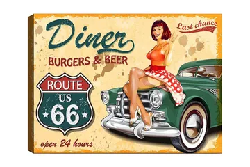 Lerretsbilde 70x100 cm - Retroinspirert maleri med en kvinne i en rød kjole med hvite prikker som sitter på en veteranbil på en diner - Rød / Grønn / Beige - Interiør - Maleri & posters - Lerretsbilder