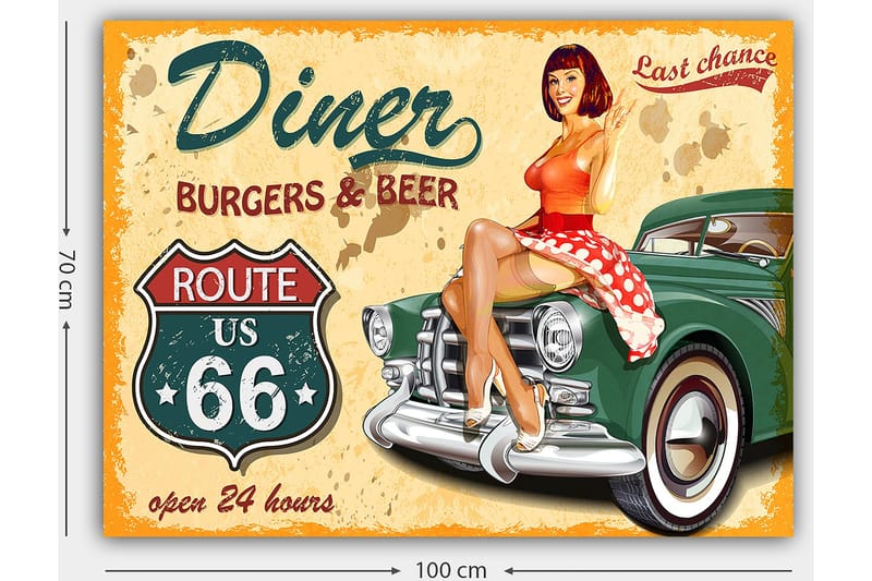 Lerretsbilde 70x100 cm - Retroinspirert maleri med en kvinne i en rød kjole med hvite prikker som sitter på en veteranbil på en diner - Rød / Grønn / Beige - Interiør - Maleri & posters - Lerretsbilder