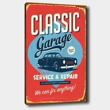 Lerretsbilde 70x100 cm - Retroinspirert skilt med en klassisk bil og tekst for garasjevirksomhet - Rød / Blå / Svart - Interiør - Maleri & posters - Lerretsbilder