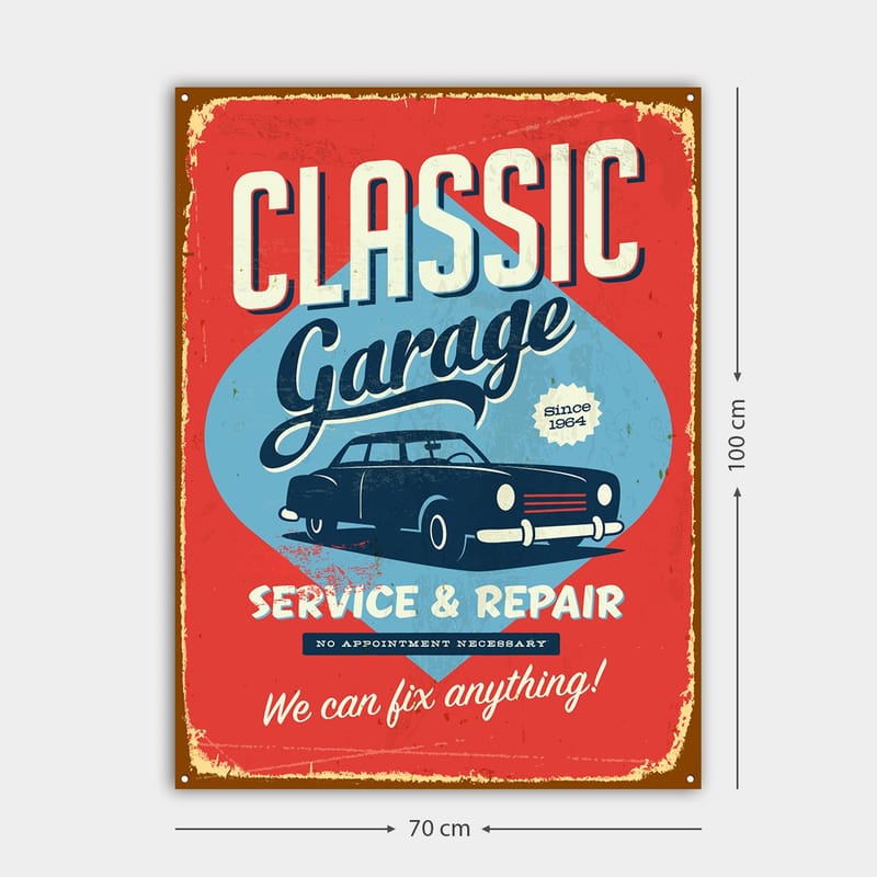 Lerretsbilde 70x100 cm - Retroinspirert skilt med en klassisk bil og tekst for garasjevirksomhet - Rød / Blå / Svart - Interiør - Maleri & posters - Lerretsbilder