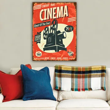 Lerretsbilde 70x100 cm - Retroplakat med filmprojektor og tekst om kinobilletter og åpningstider - Rød / Svart / Hvit - Interiør - Maleri & posters - Lerretsbilder