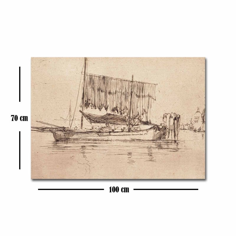 Lerretsbilde 70x100 cm - Rolig havnescene med seilbåter og folk ved vannet - Beige / Brun - Interiør - Maleri & posters - Lerretsbilder
