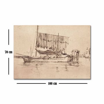 Lerretsbilde 70x100 cm - Rolig havnescene med seilbåter og folk ved vannet - Beige / Brun - Interiør - Maleri & posters - Lerretsbilder