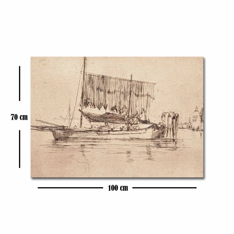 Lerretsbilde 70x100 cm - Rolig havnescene med seilbåter og folk ved vannet - Beige / Brun - Interiør - Maleri & posters - Lerretsbilder
