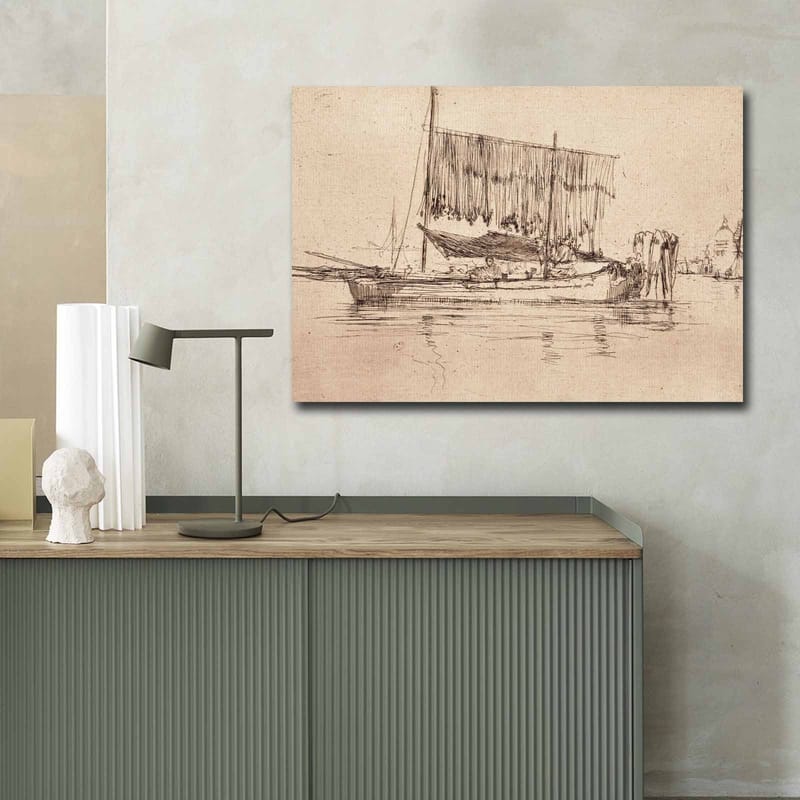 Lerretsbilde 70x100 cm - Rolig havnescene med seilbåter og folk ved vannet - Beige / Brun - Interiør - Maleri & posters - Lerretsbilder