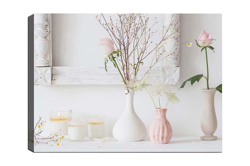 Lerretsbilde 70x100 cm - Rolig komposisjon av blomster i forskjellige vaser med en romantisk følelse, Lys rosa / Hvit / Beige